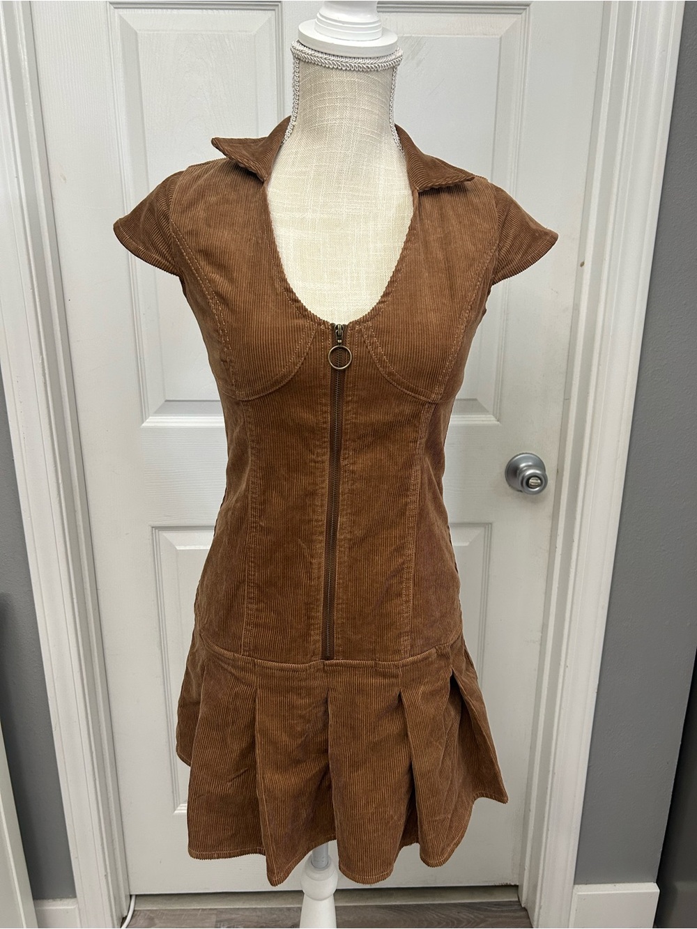 Uo Jazzy Corduroy Mini Fancy Dress In Brown Sz XS